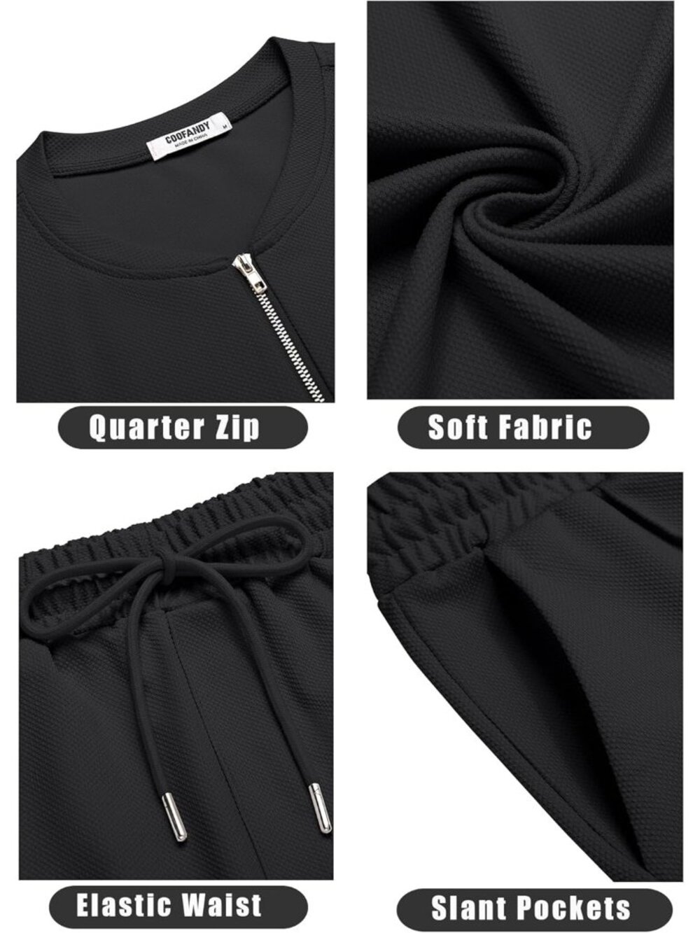 Coofandy Men's 01-black Polyester Shorts Zip Polo T Shirt 2 Pieces Tracksuit - Picture 5 of 6